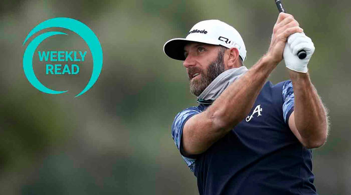 Dustin Johnson plays his shot on the 6th hole during the first round of the 2024 LIV Golf Las Vegas tournament at Las Vegas Country Club.